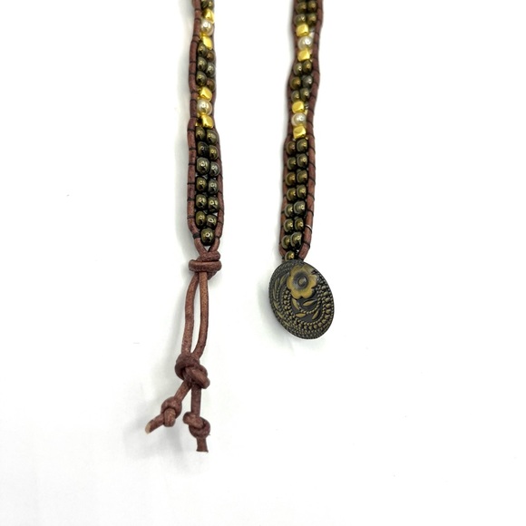 HAND CRAFTED Brown Leather Apple Watch Wrap with Green and Gold Beads. - Picture 4 of 5